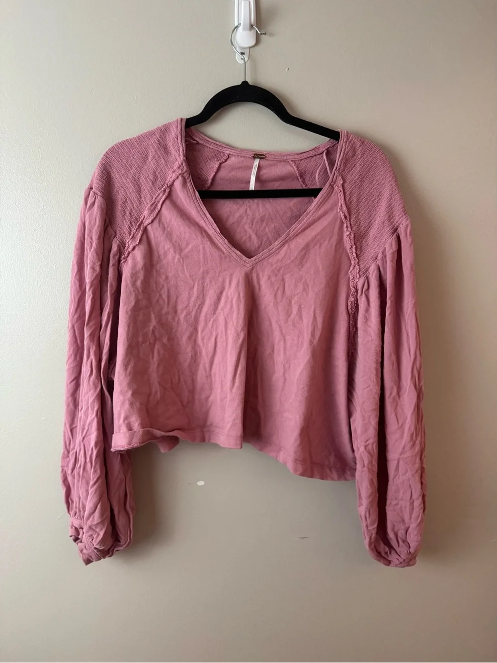 Free People Dusty Rose V-Neck Long Sleeve Top Small Minimalist Cotton
